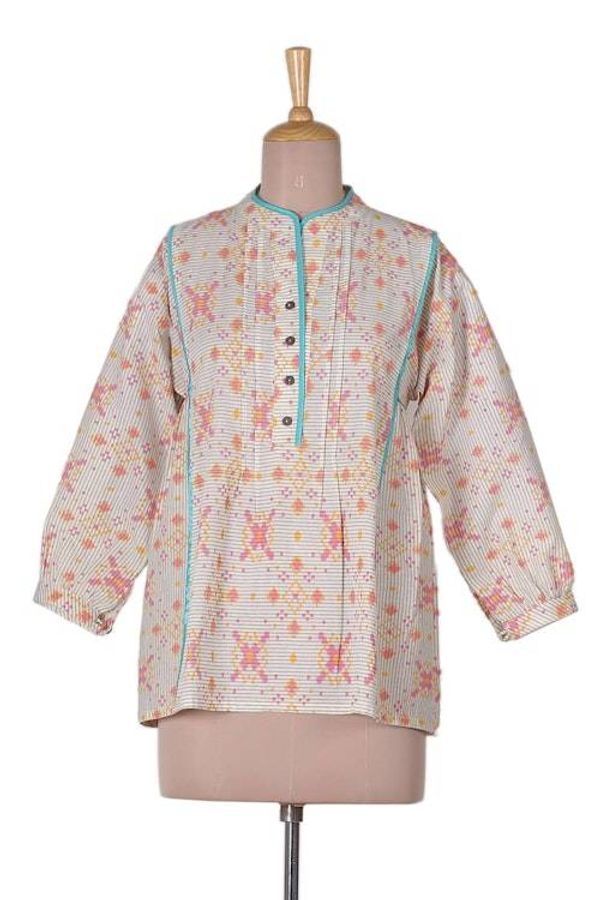 Alternate image for Floral-Patterned Striped Cotton Tunic with Turquoise Piping Floral Stripes