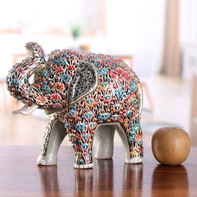 Alternate image for Spring-Themed Wood and Papier Mache Royal Elephant Sculpture Floral Elephant