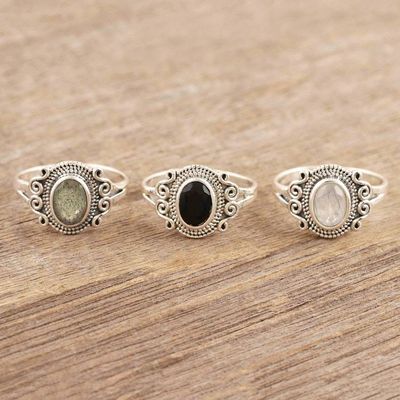 Primary image for Set of 3 Sterling Silver Gemstone Cocktail Rings from India Third Times the Charm