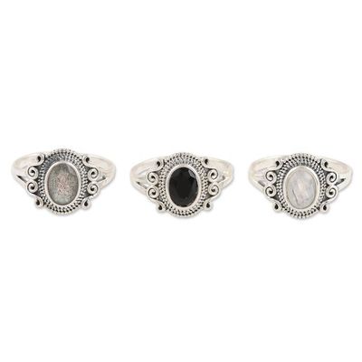 Alternate image for Set of 3 Sterling Silver Gemstone Cocktail Rings from India Third Times the Charm