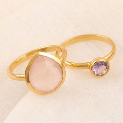Primary image for Handmade Gold-Plated Gemstone Stacking Rings Pair Reminder of You