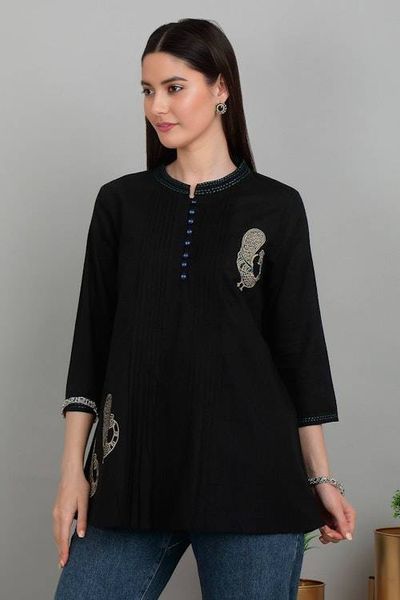 Alternate image for Cotton Blouse with Stitching and Embroidered Peacock Accents Peacock Fantasy