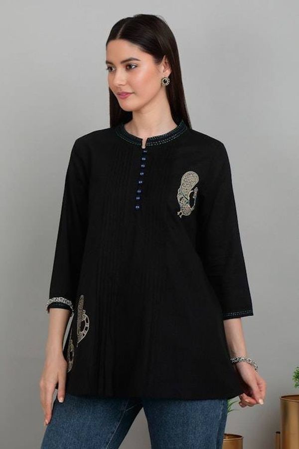 Alternate image for Cotton Blouse with Stitching and Embroidered Peacock Accents Peacock Fantasy