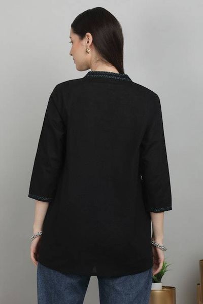 Alternate image for Cotton Blouse with Stitching and Embroidered Peacock Accents Peacock Fantasy