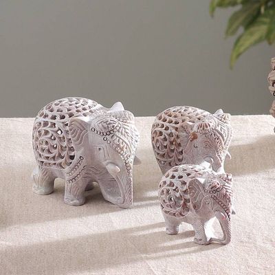 Primary image for 3 Elephant Jali Openwork Hand-Carved Soapstone Figurines Royal March