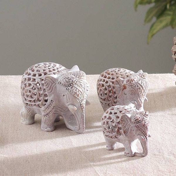 Alternate image for 3 Elephant Jali Openwork Hand-Carved Soapstone Figurines Royal March