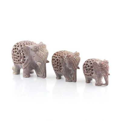 Alternate image for 3 Elephant Jali Openwork Hand-Carved Soapstone Figurines Royal March