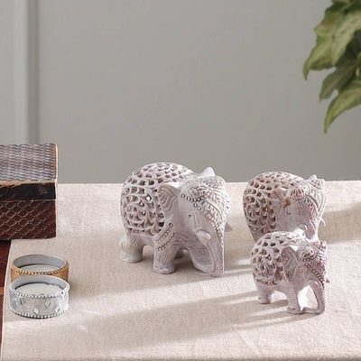 Alternate image for 3 Elephant Jali Openwork Hand-Carved Soapstone Figurines Royal March
