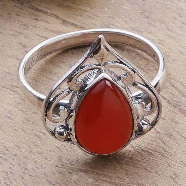 Alternate image for Leaf-Themed Sterling Silver and Orange Onyx Cocktail Ring Warm Leaf