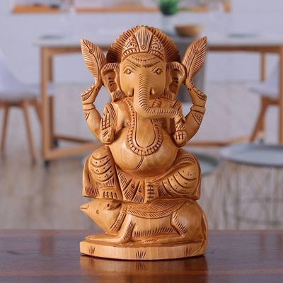 Primary image for Traditional Hand-Carved Kadam Wood Sculpture of Ganesha Ganesha on His Vahana