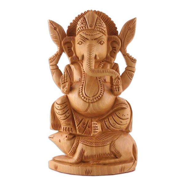 Alternate image for Traditional Hand-Carved Kadam Wood Sculpture of Ganesha Ganesha on His Vahana