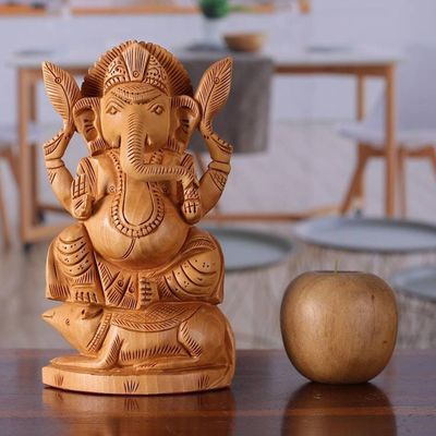 Alternate image for Traditional Hand-Carved Kadam Wood Sculpture of Ganesha Ganesha on His Vahana