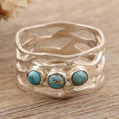 Primary image for Sterling Silver Band Ring with Three Recon Turquoise Stones Glory of the Lake