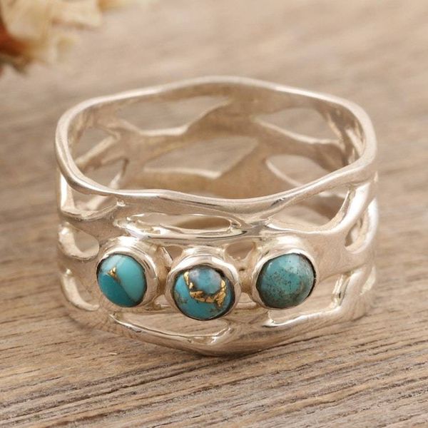 Alternate image for Sterling Silver Band Ring with Three Recon Turquoise Stones Glory of the Lake