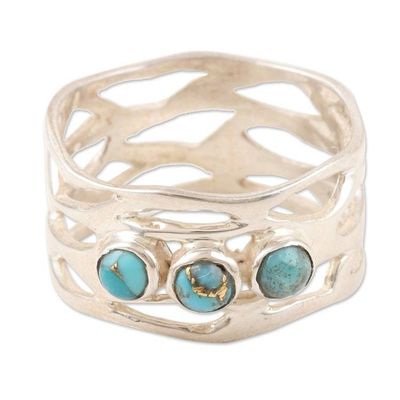 Alternate image for Sterling Silver Band Ring with Three Recon Turquoise Stones Glory of the Lake