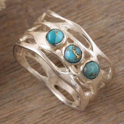 Alternate image for Sterling Silver Band Ring with Three Recon Turquoise Stones Glory of the Lake