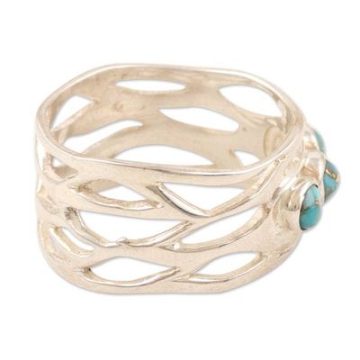 Alternate image for Sterling Silver Band Ring with Three Recon Turquoise Stones Glory of the Lake