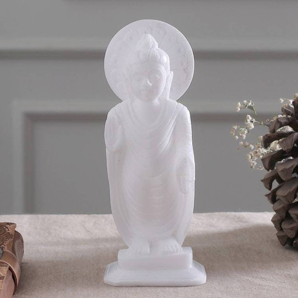 Buddha-Themed White Marble Sculpture from India 'Buddha Blessing of Peace'