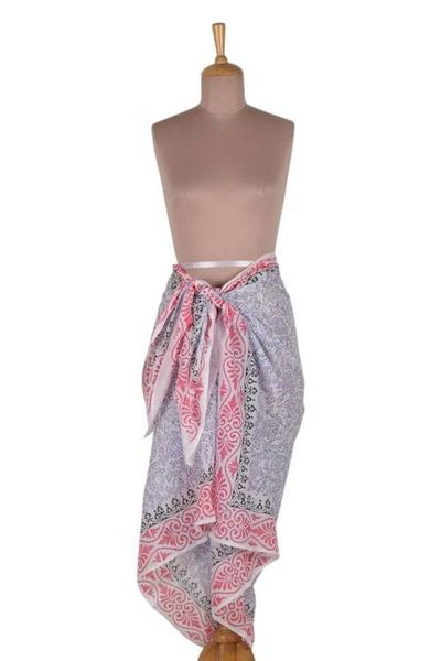 Alternate image for Hand-Block Printed Cotton Sarong with Floral and Leaf Theme Gorgeous Garden