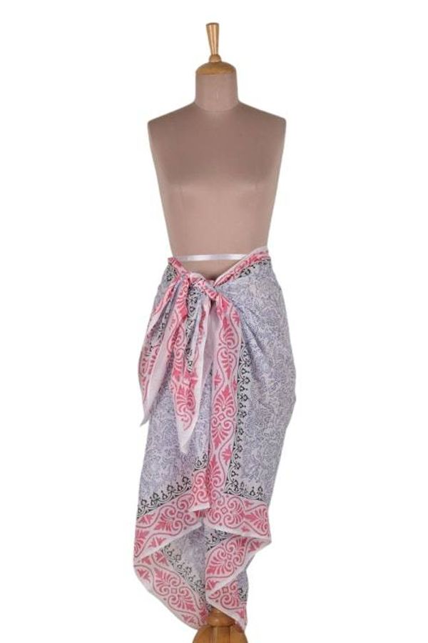 Alternate image for Hand-Block Printed Cotton Sarong with Floral and Leaf Theme Gorgeous Garden