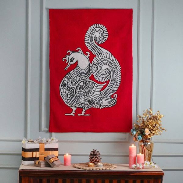 Alternate image for Artisan-Made Peacock-Theme Chain-Stitched 100 Wool Tapestry Royal Nature
