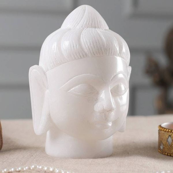 Alternate image for Alabaster Buddha Head Sculpture Hand-Carved in India Quiet Buddha
