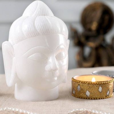 Alternate image for Alabaster Buddha Head Sculpture Hand-Carved in India Quiet Buddha