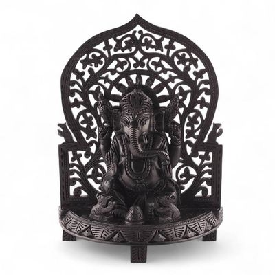 Primary image for Ebony Wood Sculpture of Hindu God Ganesha with Jali Openwork Pious Ganesha