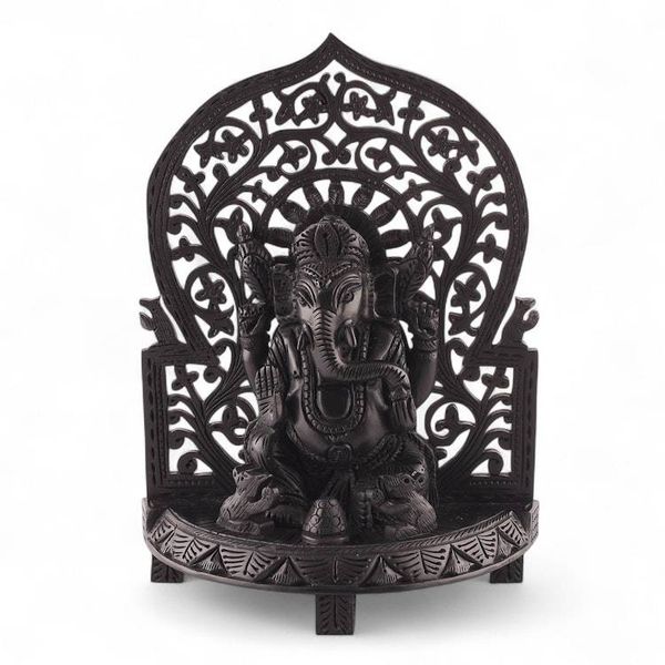 Alternate image for Ebony Wood Sculpture of Hindu God Ganesha with Jali Openwork Pious Ganesha