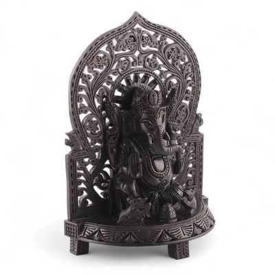 Alternate image for Ebony Wood Sculpture of Hindu God Ganesha with Jali Openwork Pious Ganesha