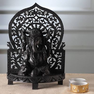 Alternate image for Ebony Wood Sculpture of Hindu God Ganesha with Jali Openwork Pious Ganesha
