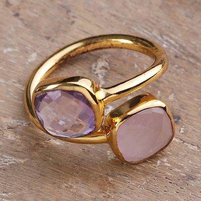 Alternate image for 18k Gold-Plated 4-Carat Amethyst and Rose Quartz Wrap Ring Duet of Emotions