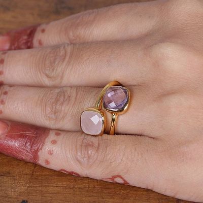 Alternate image for 18k Gold-Plated 4-Carat Amethyst and Rose Quartz Wrap Ring Duet of Emotions