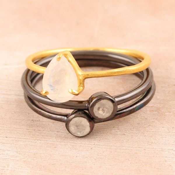 Alternate image for Gold-Plated Rainbow Moonstone Stacking Rings Set of 3 Headline Story