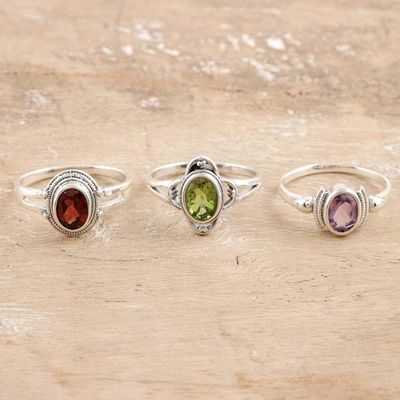 Primary image for Sterling Silver Cocktail Rings with Gemstones Set of 3 Stunning Trio