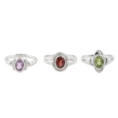 Alternate image for Sterling Silver Cocktail Rings with Gemstones Set of 3 Stunning Trio