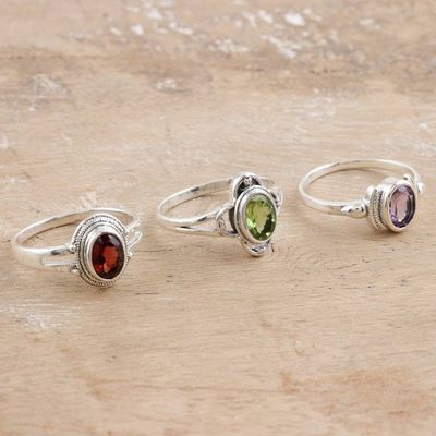 Alternate image for Sterling Silver Cocktail Rings with Gemstones Set of 3 Stunning Trio