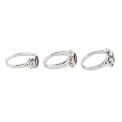 Alternate image for Sterling Silver Cocktail Rings with Gemstones Set of 3 Stunning Trio