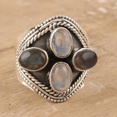 Alternate image for Indian Labradorite and Rainbow Moonstone Cocktail Ring Four Corners