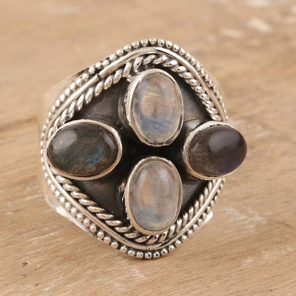 Alternate image for Indian Labradorite and Rainbow Moonstone Cocktail Ring Four Corners