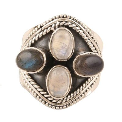 Alternate image for Indian Labradorite and Rainbow Moonstone Cocktail Ring Four Corners