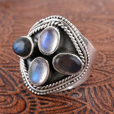 Alternate image for Indian Labradorite and Rainbow Moonstone Cocktail Ring Four Corners
