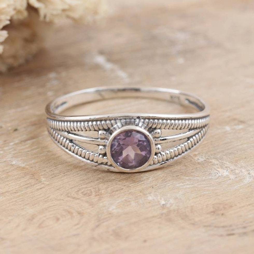 Polished Domed Single Stone Ring with Round Amethyst Gem 'Wise Eden'