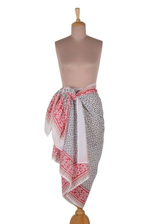 Alternate image for Geometric Vine-Patterned Hand-Block Printed Cotton Sarong Enchanting Geometry