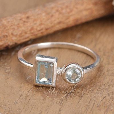 Alternate image for Round and Rectangular Blue Topaz Silver Cocktail Ring Celestial Duet