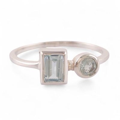 Alternate image for Round and Rectangular Blue Topaz Silver Cocktail Ring Celestial Duet