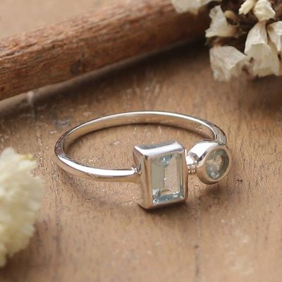 Alternate image for Round and Rectangular Blue Topaz Silver Cocktail Ring Celestial Duet