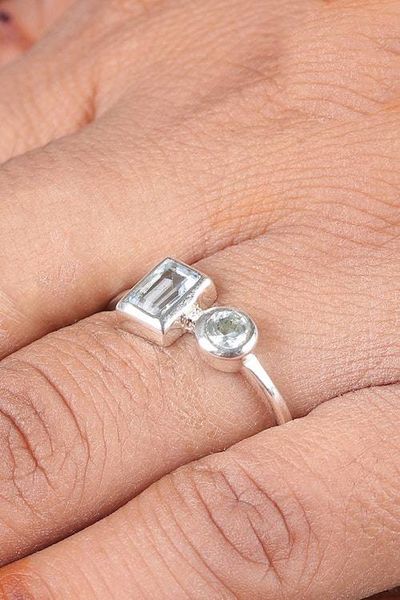 Alternate image for Round and Rectangular Blue Topaz Silver Cocktail Ring Celestial Duet