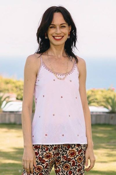 Primary image for Cotton Camisole-Style Embroidered Tank Top Summer Blooms in Russet