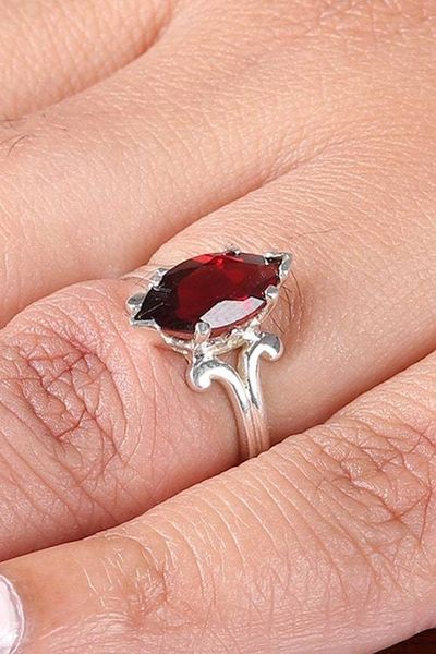 Alternate image for Silver Cocktail Ring with Marquise-Shaped Garnet Stone Fiery Sparkle